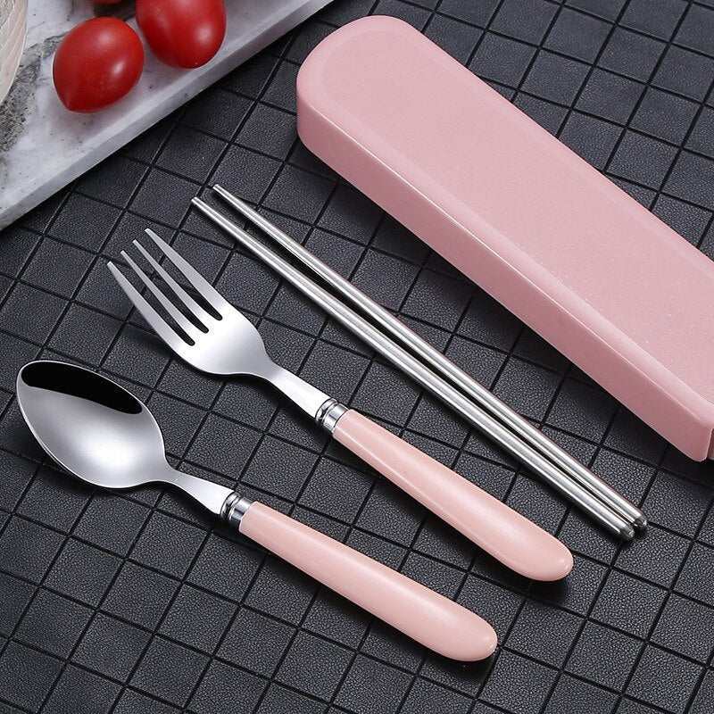 Portable Nordic stainless steel tableware set with pink case.
