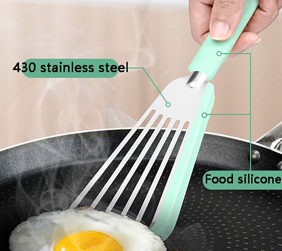 Nonstick fish spatula with thin slotted silicone design, high heat resistant, ideal for delicate cooking.