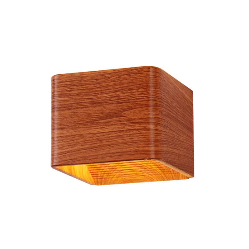 Square LED indoor lighting wall lamp in imitation wood color.