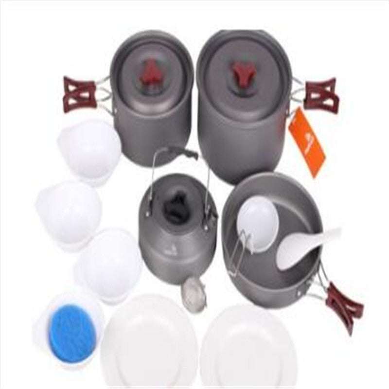 Picnic cookware set with hard alumina pots and pans in various sizes.