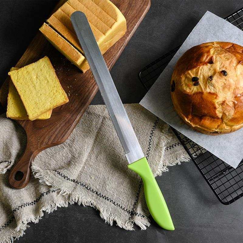 Bakerdream Stainless Steel Serrated Bread Knife with Green Handle, 12-Inch Blade.