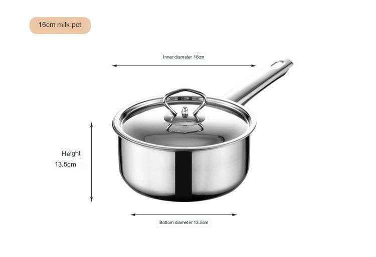 Stainless steel milk pot with handle and glass lid, 16cm diameter, 13.5cm height, part of 15-piece cookware set.