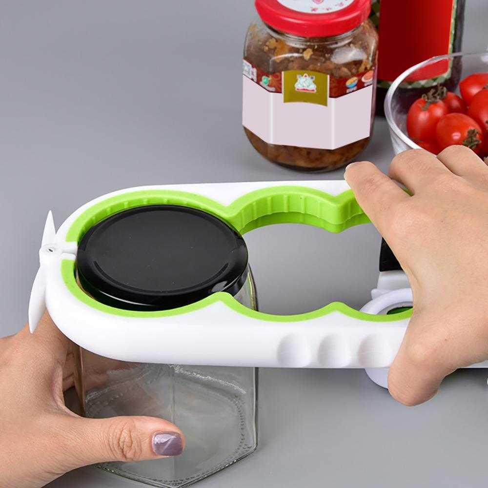 Modern kitchen home can opener with ergonomic design in white and green, easy grip handle, suitable for jars and bottles.