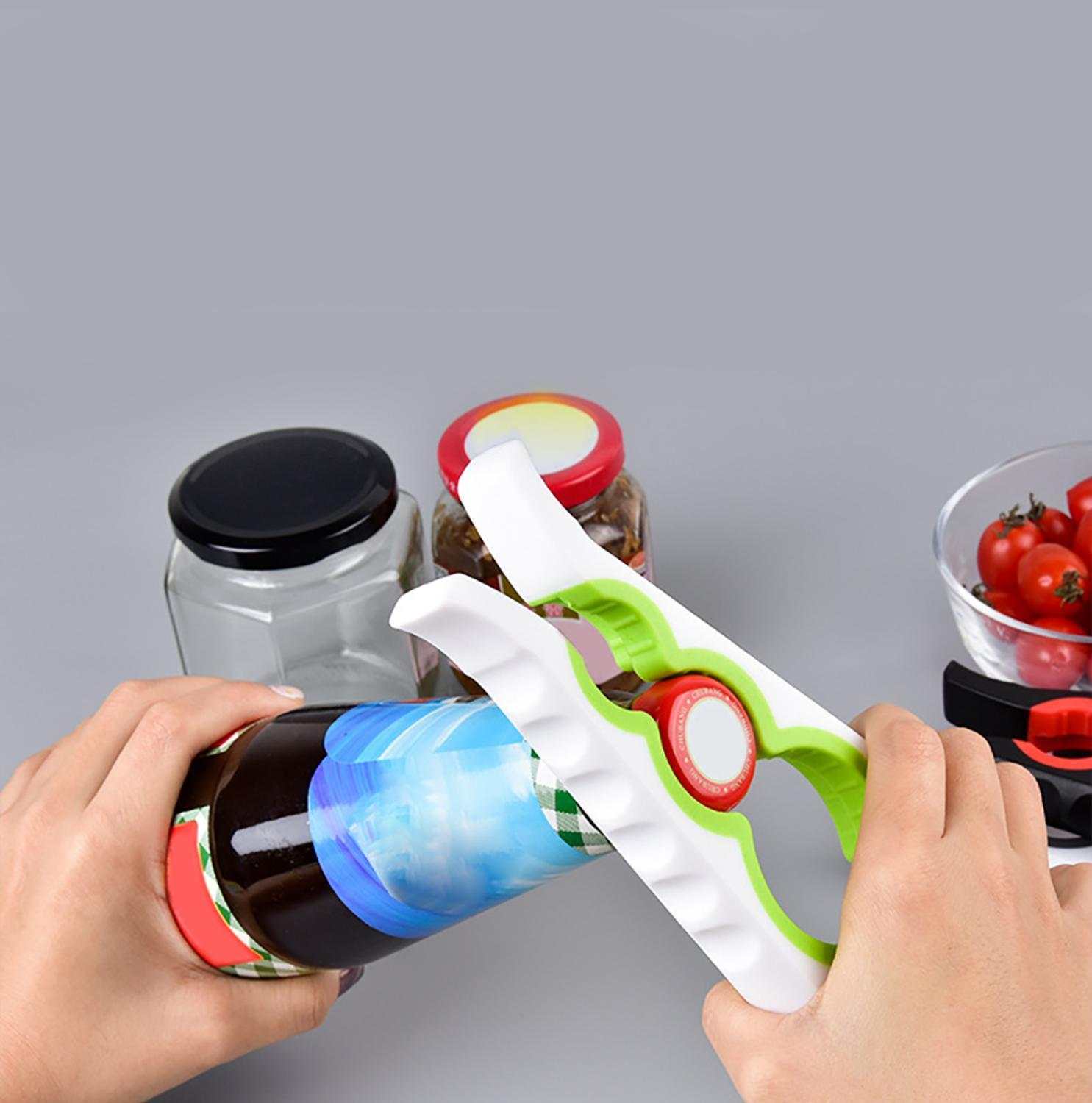 Modern kitchen home can opener in use, stylish design with ergonomic handle.