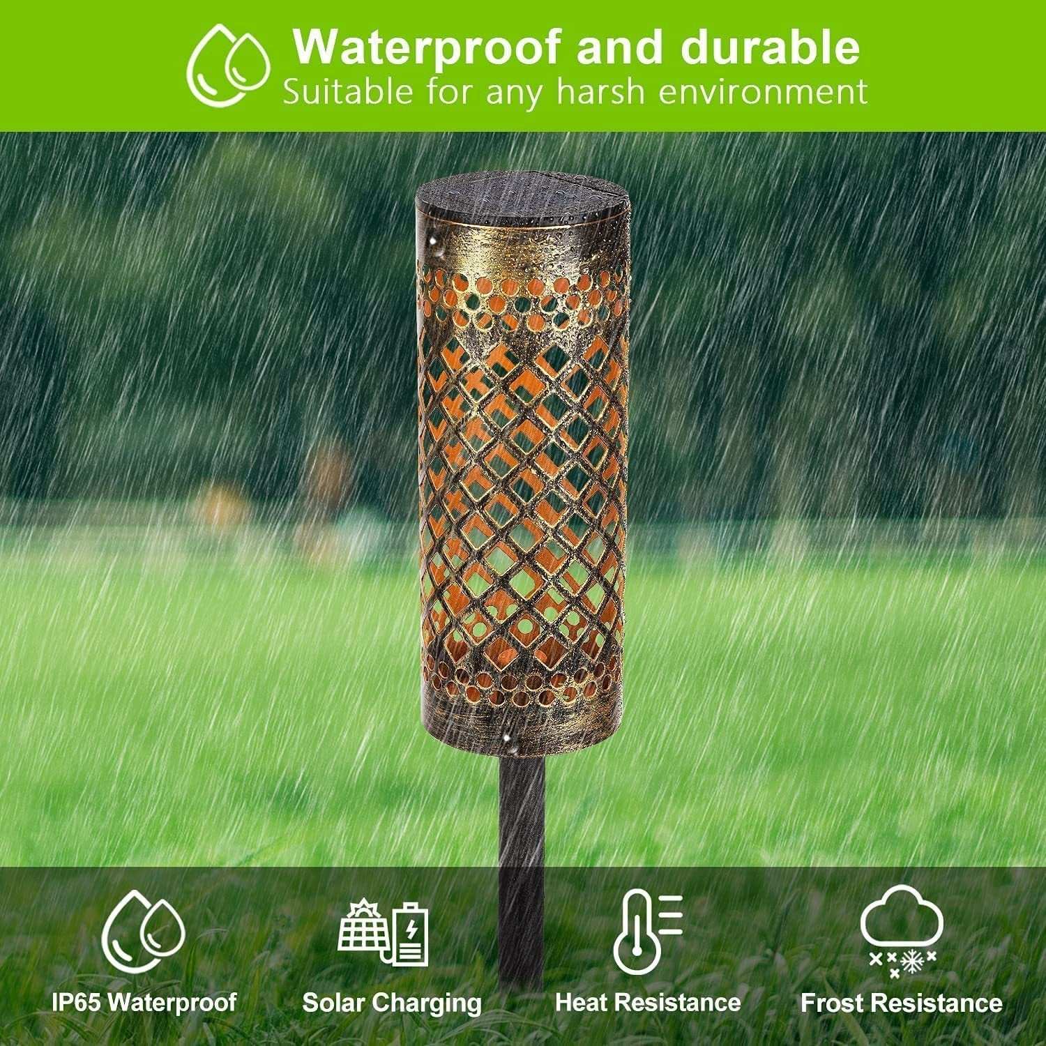 Metal solar-powered lawn lamp with geometric design, IP65 waterproof rating, and warm light in a rainy garden setting.