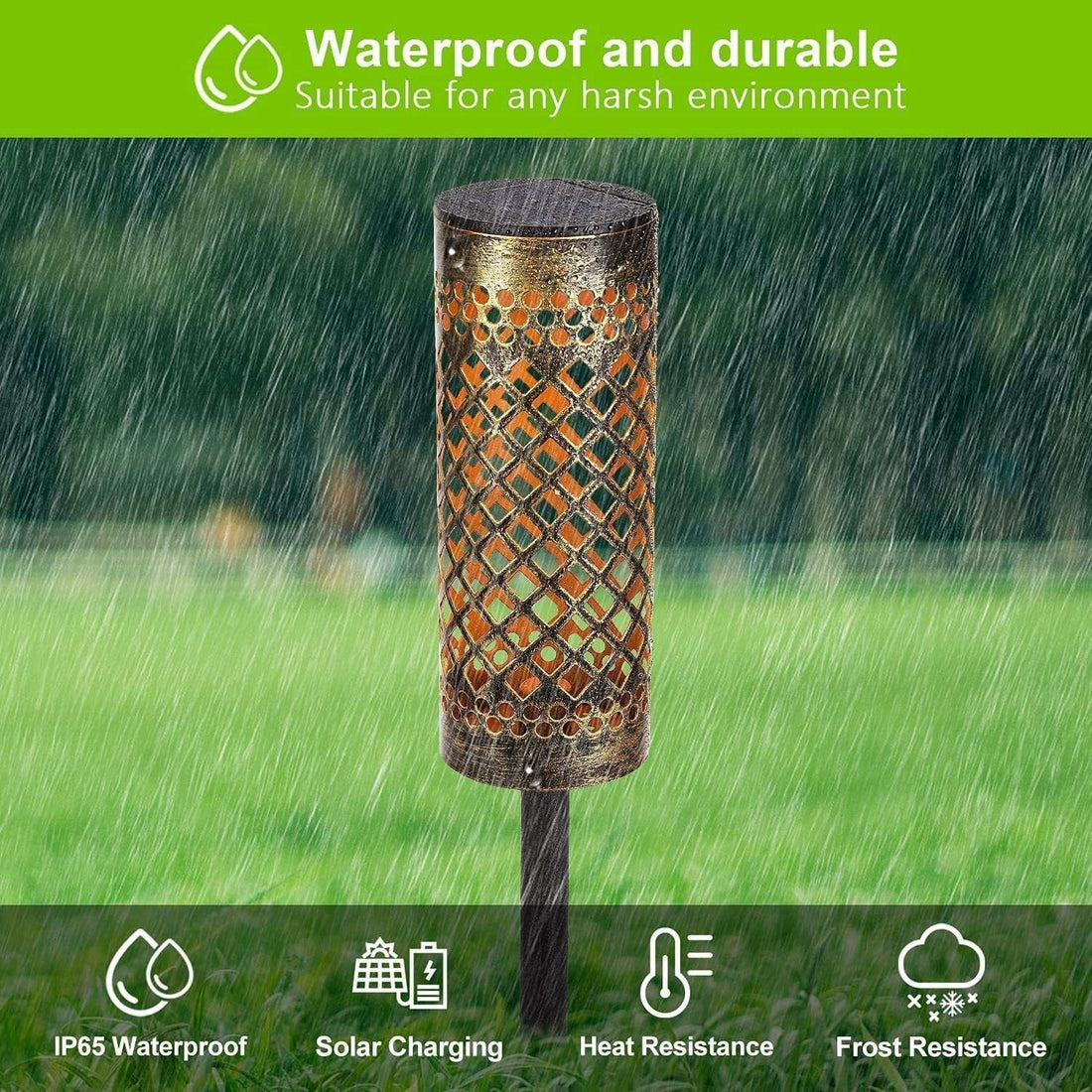 Metal solar-powered lawn lamp with geometric design, IP65 waterproof rating, and warm light in a rainy garden setting.