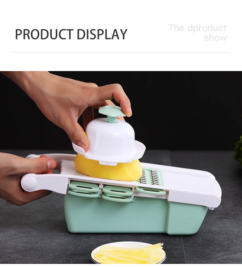 Multifunctional kitchen utensil for slicing and grating, eco-friendly, available in green and pink.