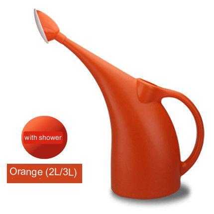 Orange polypropylene watering can with long spout and handle, 2L/3L capacity.