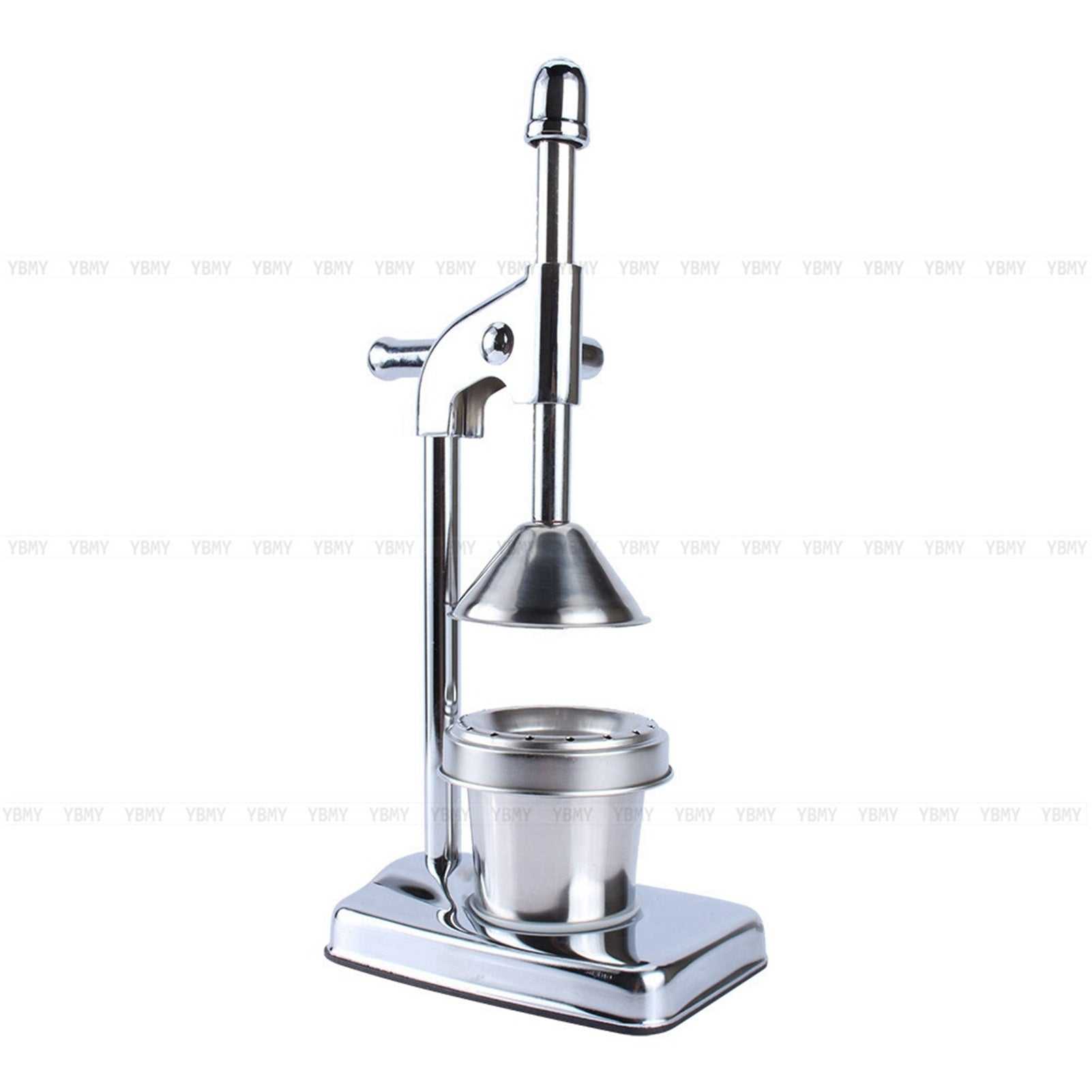 Durable manual hand press orange juicer with stainless steel cup and lever-gear handle.