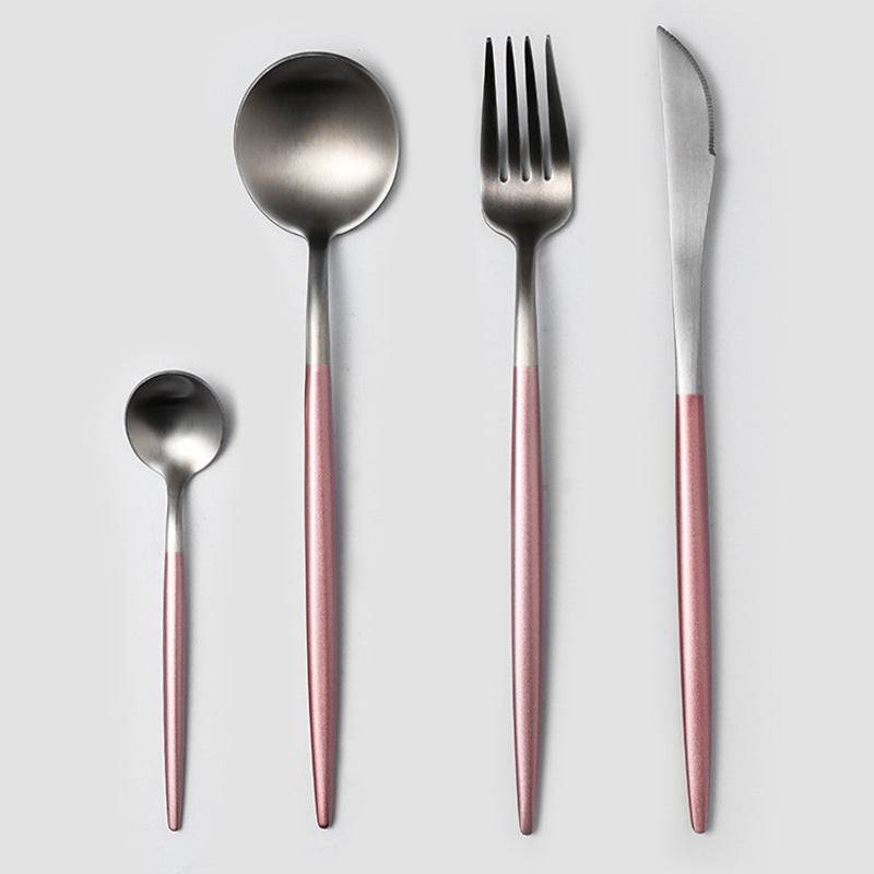 Stainless steel cutlery spoon set with mirror polishing, featuring a coffee spoon, dessert spoon, main meal spoon, dessert fork, main fork, chopsticks, and main table knife.