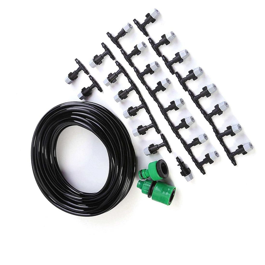 Water misting cooling system set with hose, sprinklers, and connectors for garden patio irrigation.