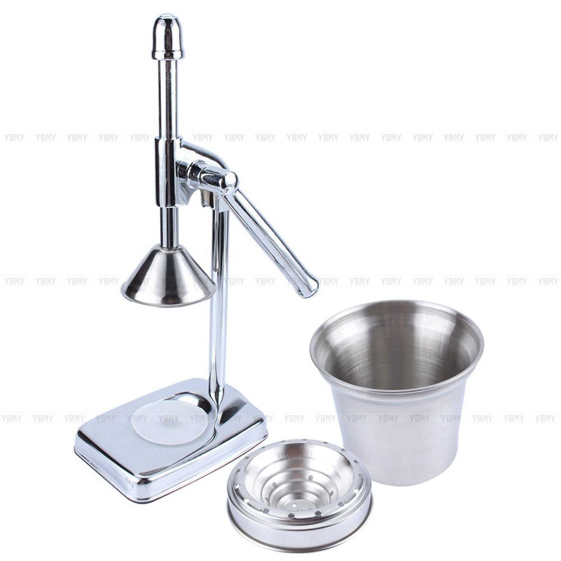Durable manual hand press orange juicer with stainless steel components and removable parts for easy cleanup.