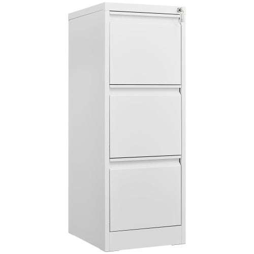 3 Drawer File Cabinet with Lock in white metal for A4, legal, letter size files, vertical storage.