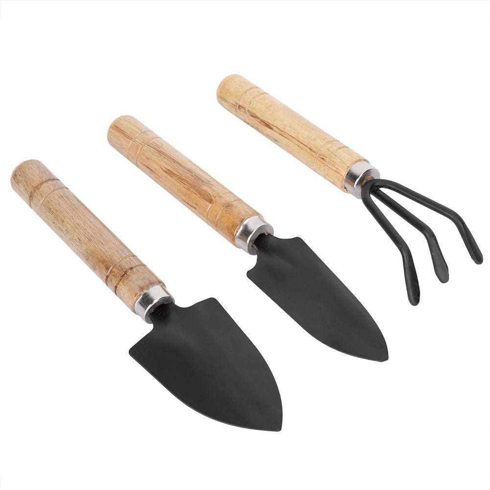 3pcs mini plant gardening tools set with spade, claw rake, and shovel for flower planting.