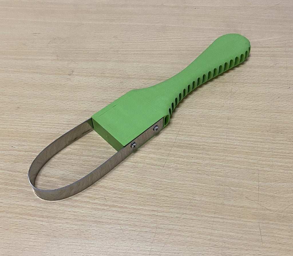Garden weeding tool with green plastic handle and stainless steel blade.