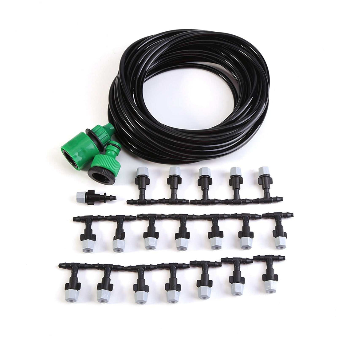 Water misting cooling system hose with connectors and nozzles for garden irrigation.