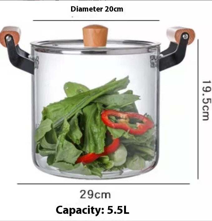 Borosilicate Visions Cookware Pot with Wooden Handles, 5.5L Capacity, Glass Material.