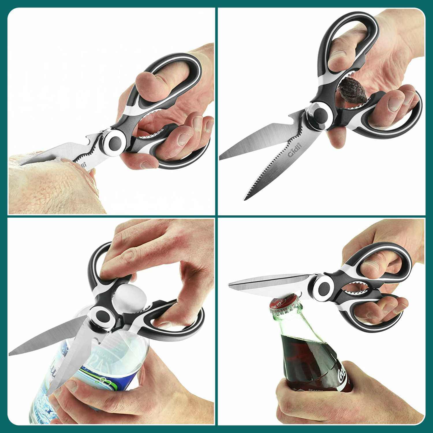 Kitchen scissors cutting chicken, nuts, plastic, and opening a bottle, showcasing their multifunctional use.