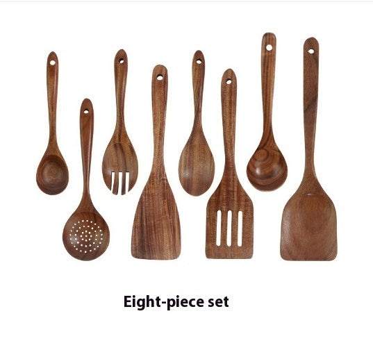 Thailand Teak Natural Wood Tableware Spoon Ladle Turner Set - 8-Piece Eco-Friendly Kitchen Tools.