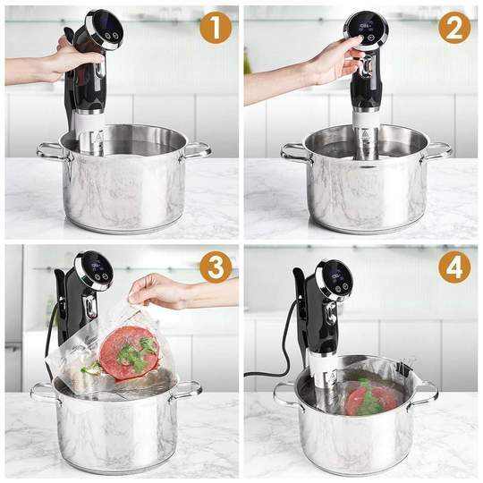 Platinum Precision Sous Vide Cooker demonstrating step-by-step immersion cooking in stainless steel pot.
