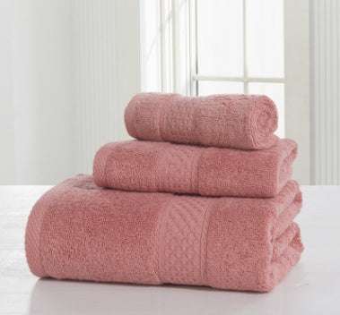 Cotton soft double-sided bath towel set in pink, including square scarf, towel, and bath towel.
