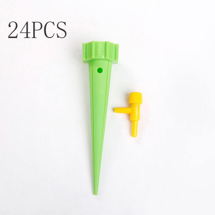 24-piece set of green automatic plant watering spikes, designed for drip irrigation with adjustable flow control.