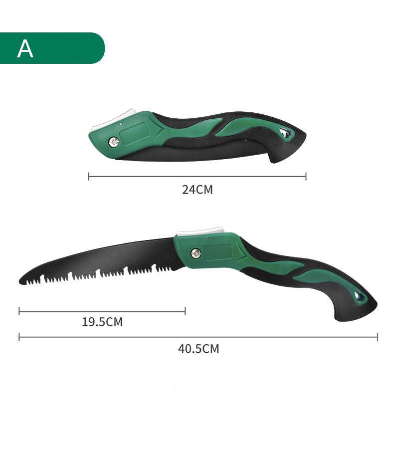 Folding hand saw with alloy blade and ergonomic grip for woodworking.