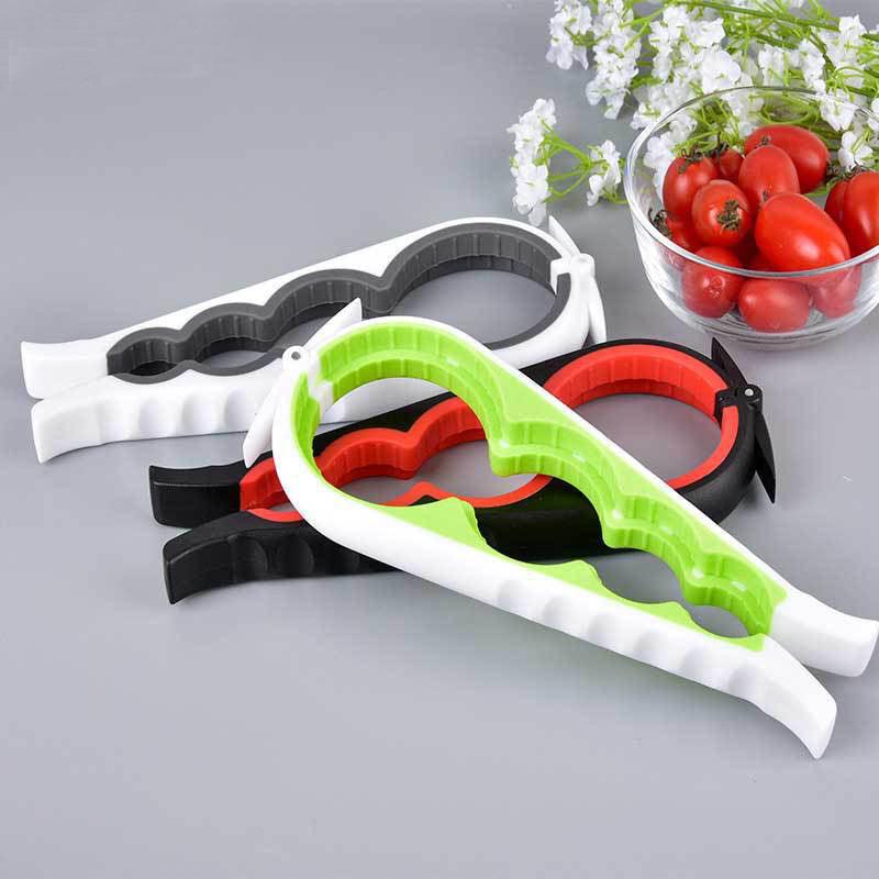 Modern kitchen home can opener in white gray, white green, and black red, made of ABS material.