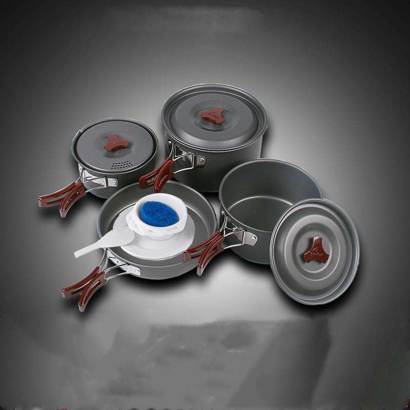 Picnic cookware set with hard alumina pots and frying pan, various sizes and detachable handles.