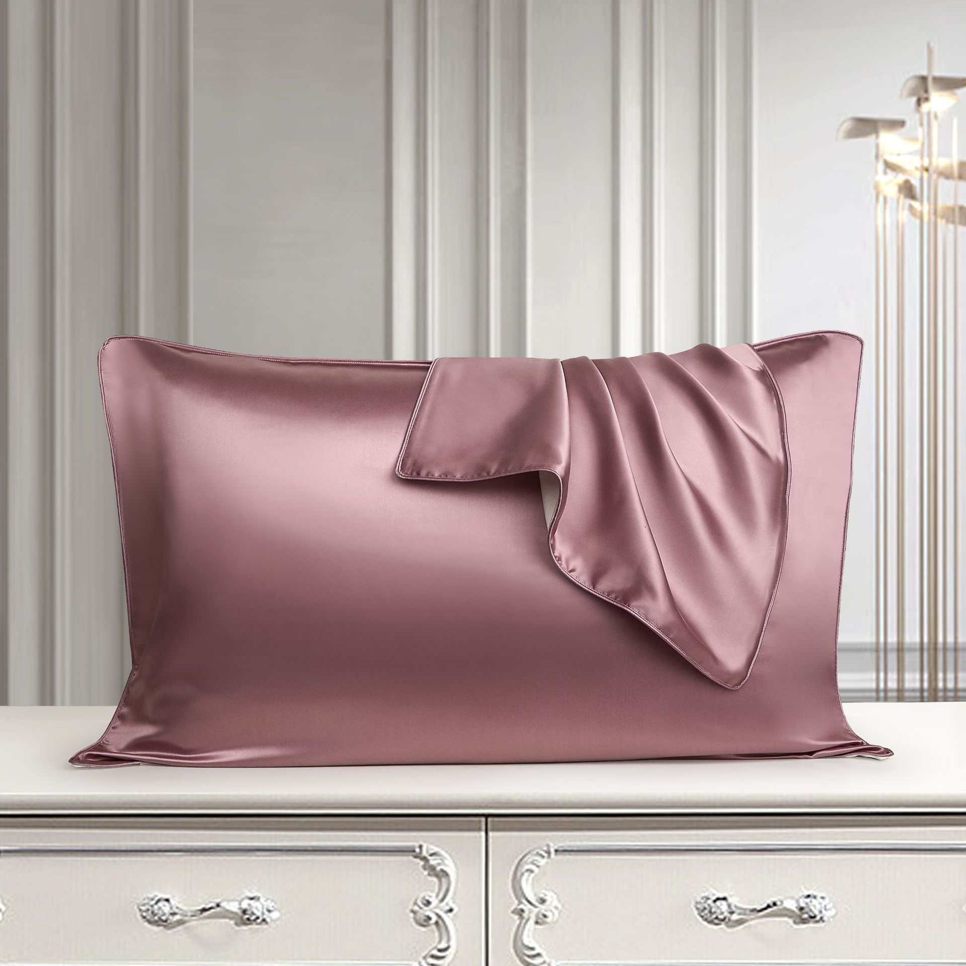 Luxurious silk pillowcase in a light palace luxury style, crafted from pure mulberry silk.