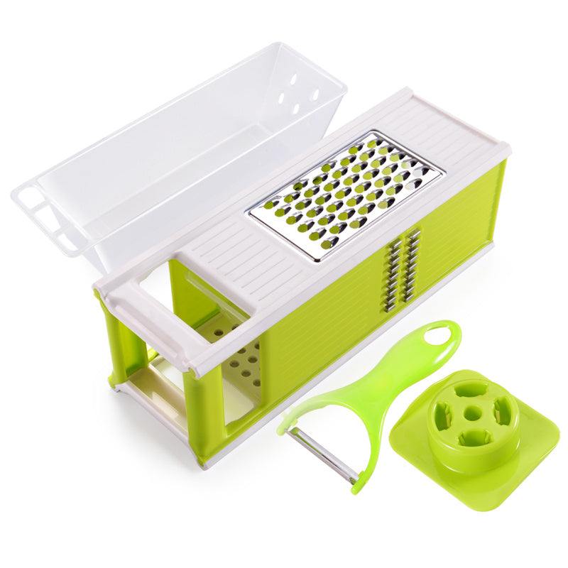 Multifunctional kitchen utensil cutting tool with four-sided blade and drain storage box.