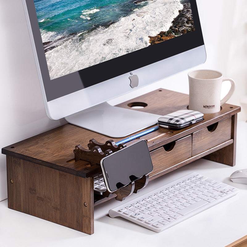 Wooden desktop computer monitor stand with storage, featuring a walnut color and carved design.