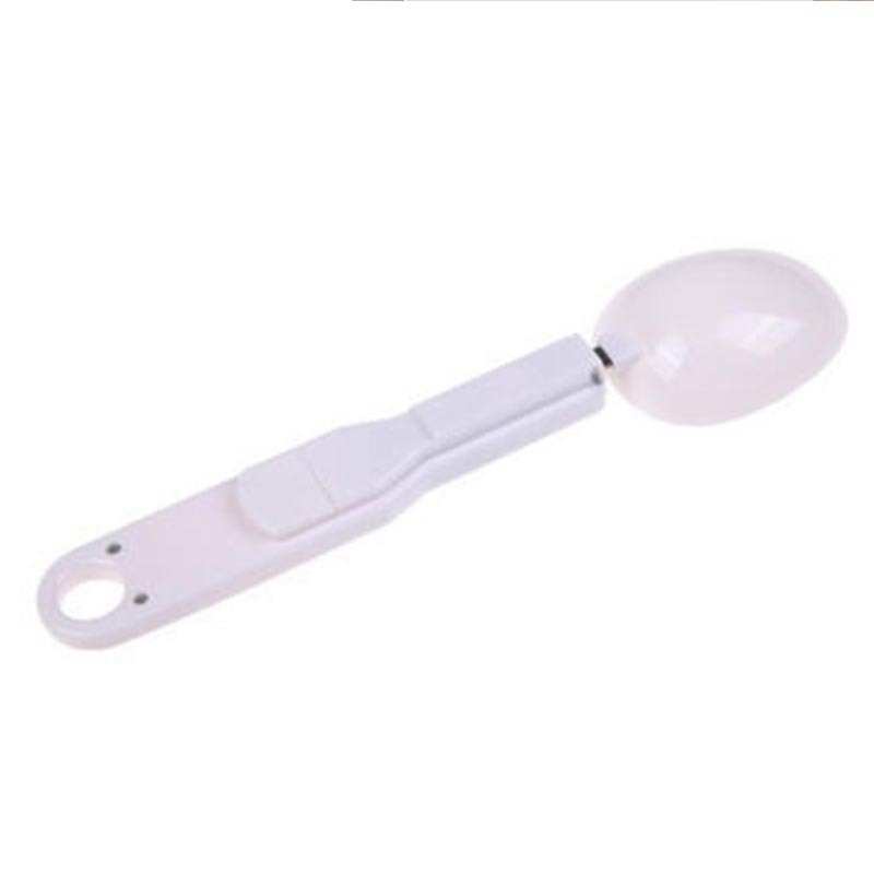 LCD digital kitchen scale with spoon, white, ABS plastic, measures food weight accurately.