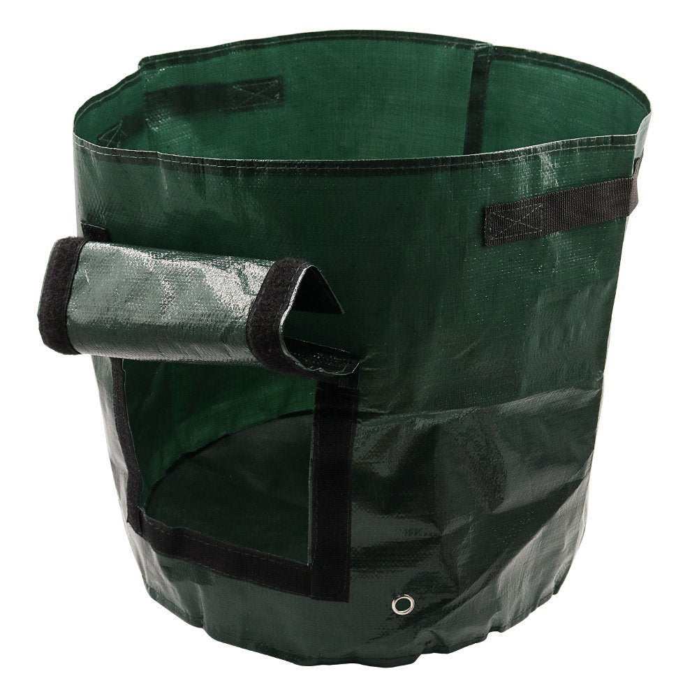 Dark green PE cloth garden planting bag with handles and side window for easy harvesting, featuring drainage holes for improved plant growth.