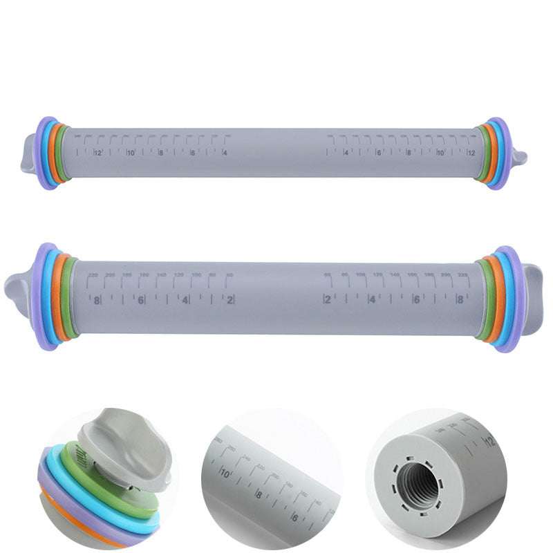 Adjustable thickness rolling pin with color-coded rings and silicone design for non-stick dough handling.