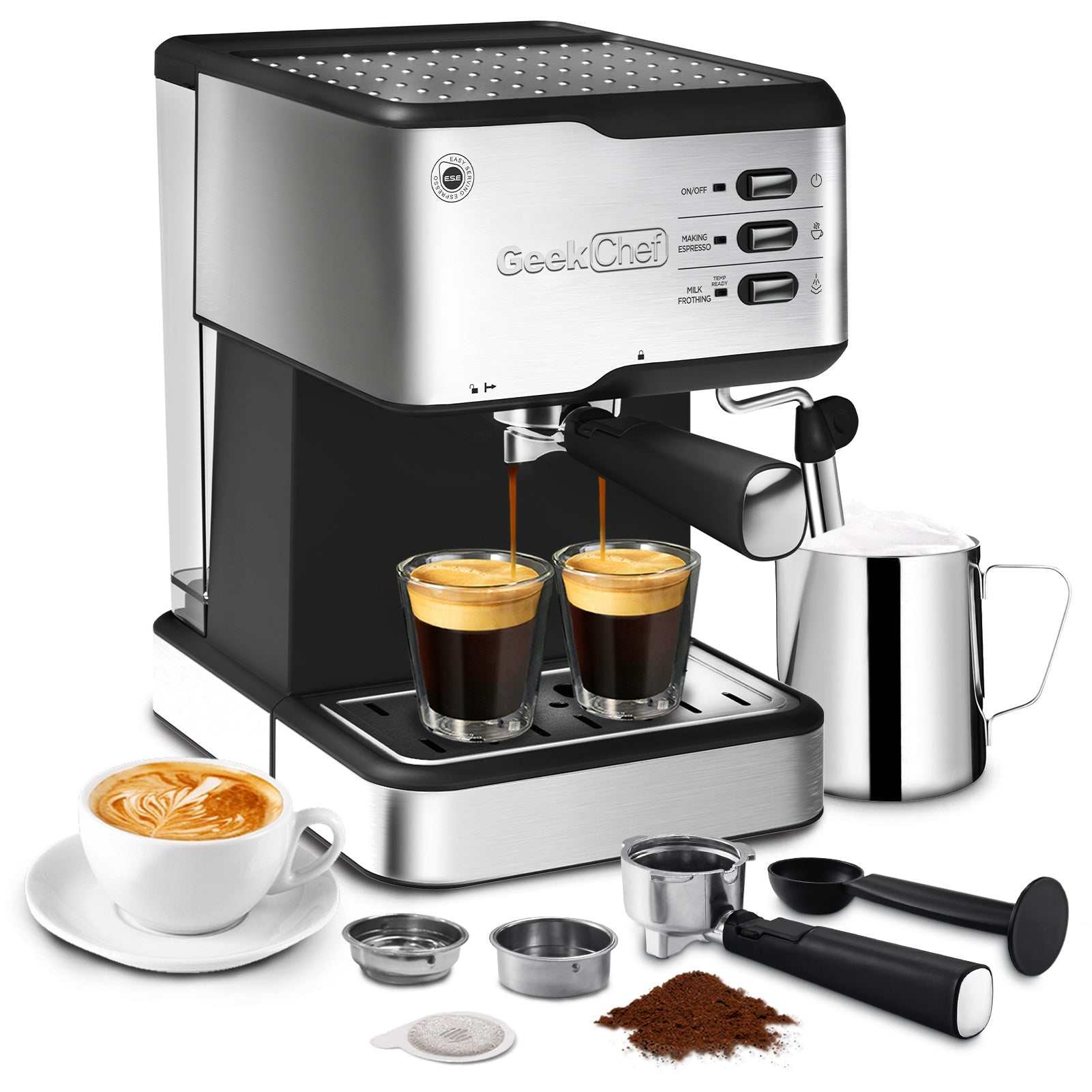 Geek Chef Espresso Machine with milk frother and ESE POD compatibility, featuring sleek design and 20-bar pressure for quality extraction.