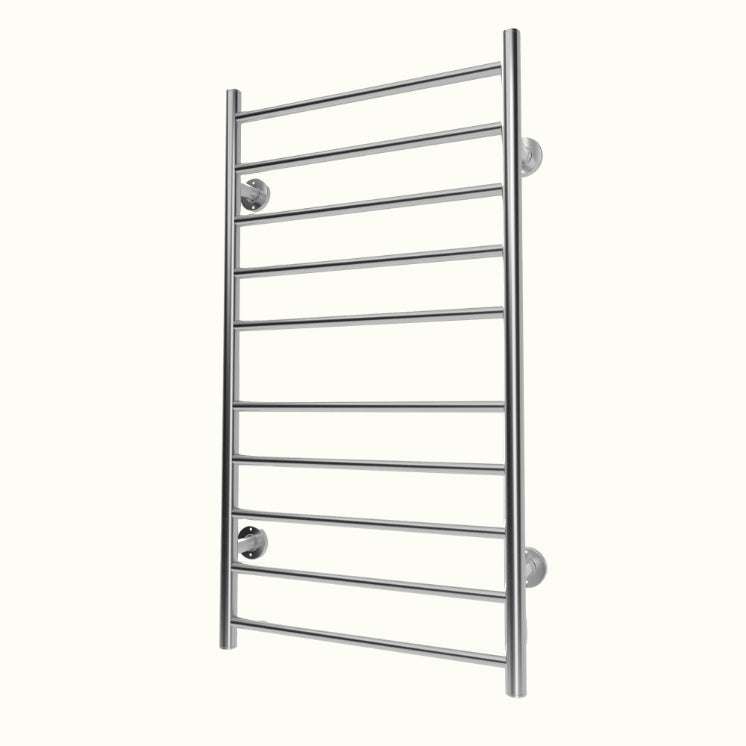 Electric heated towel rack with 10 stainless steel bars, wall-mounted design for bathrooms.