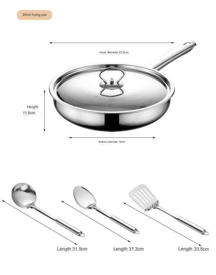 15-piece stainless steel cookware set with non-stick pan and glass lid, including pots, spoon, and shovel.
