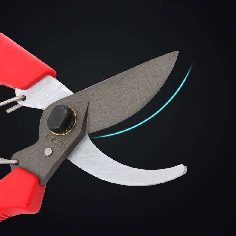 SK5 steel pruning scissors with red handles for fruit tree care.