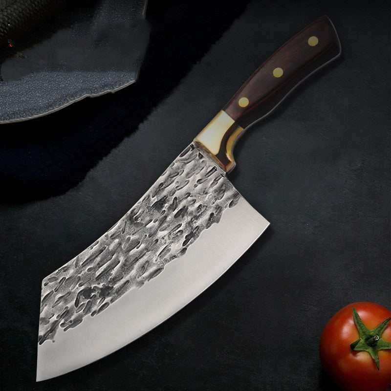 Special knives for splitting meat with stainless steel blade and wooden handle on a dark surface.
