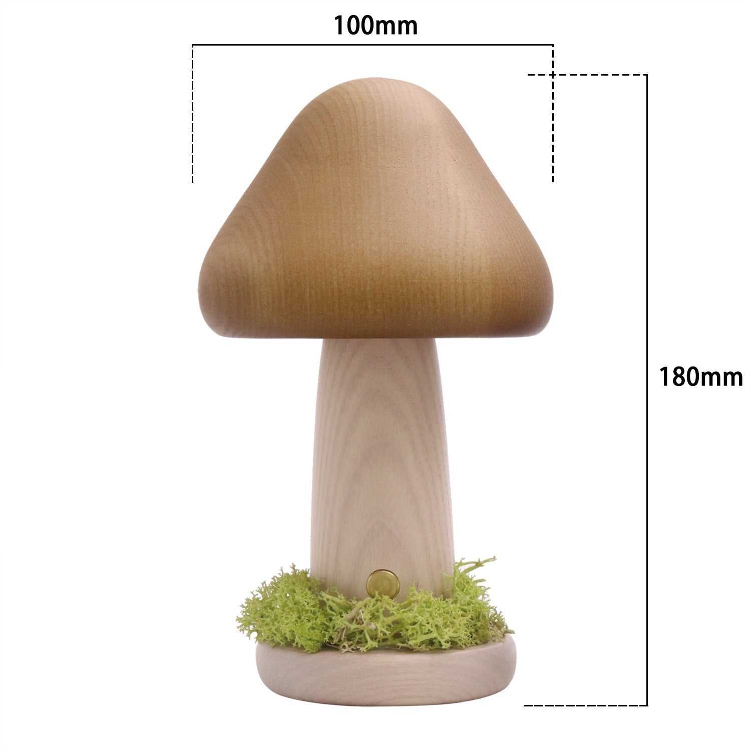 Mushroom-shaped night light with wooden texture, measuring 100x180mm, featuring a unique twisted design.