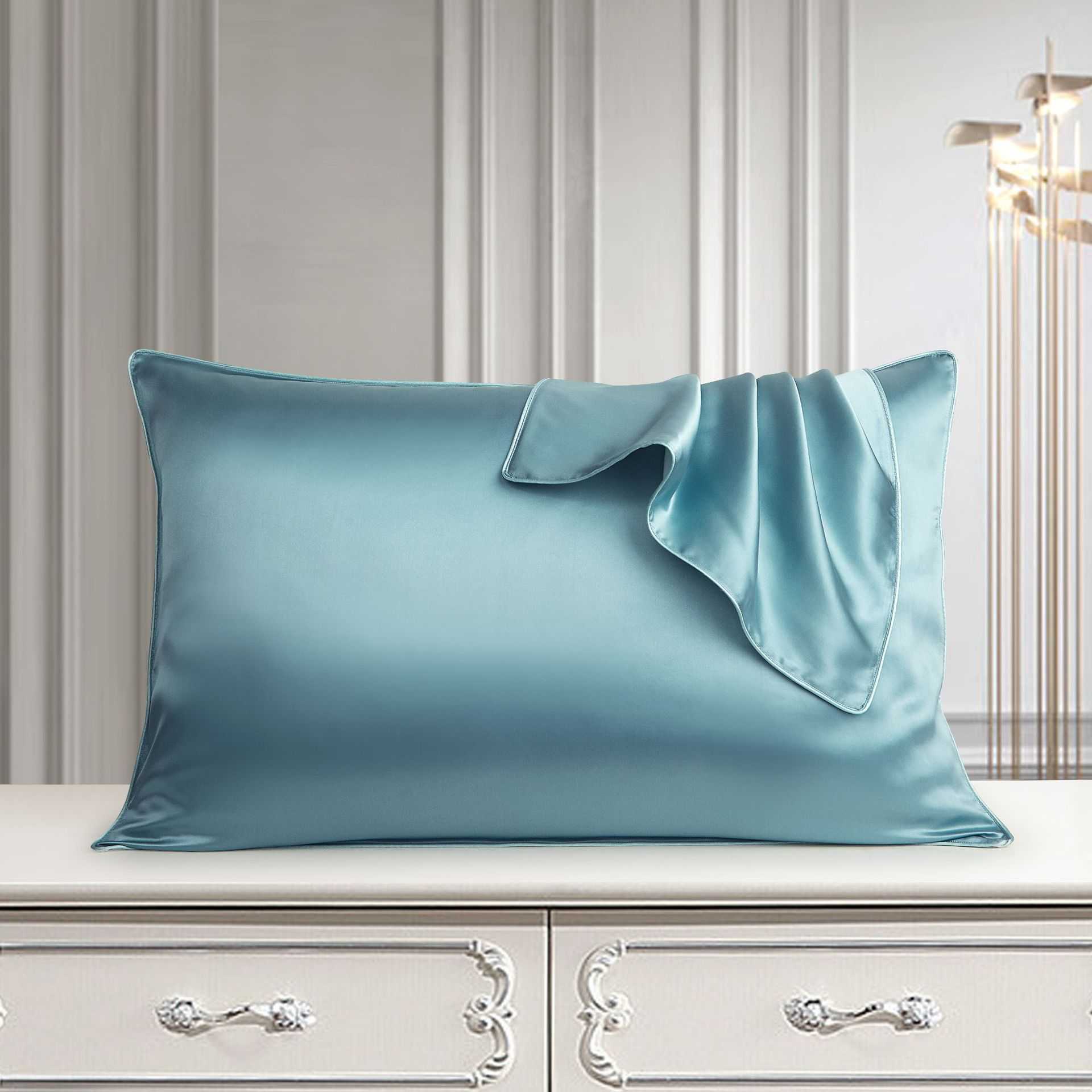 Luxury silk pillowcase on a dresser, showcasing smooth mulberry silk fabric in a palace-style setting.