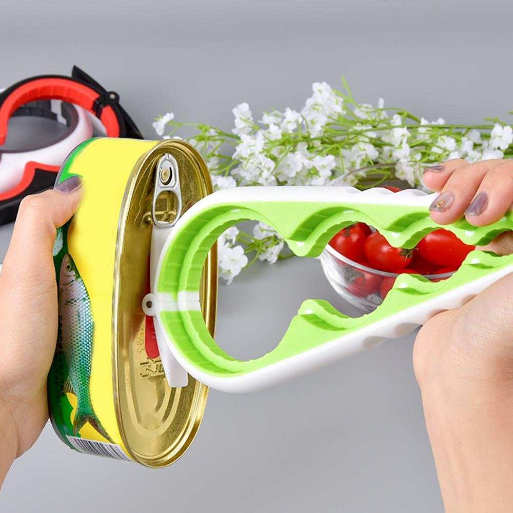 Modern kitchen home can opener in use, white green color.