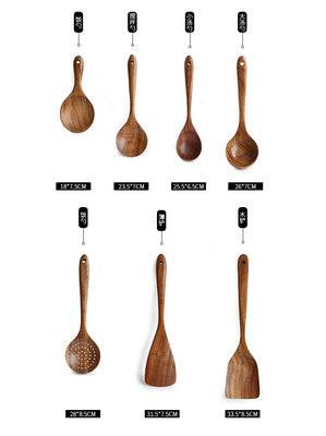 Thailand teak natural wood kitchen tool set with spoons, ladles, turner, and skimmer.