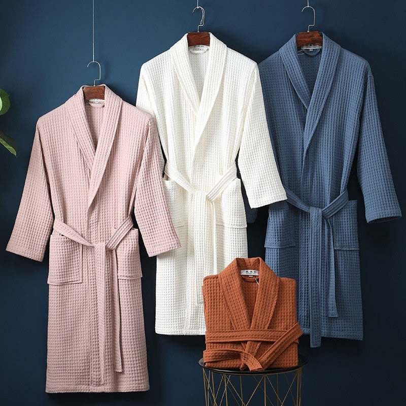Pure cotton couple bathrobes in waffle texture, available in dark coffee, blue, and neutral shades, suitable for leisure and home use.