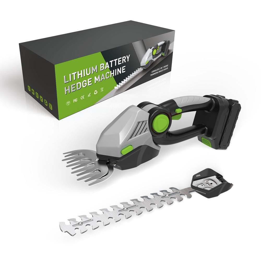 Electric small hedge trimmer with lithium battery, plastic material, green color.