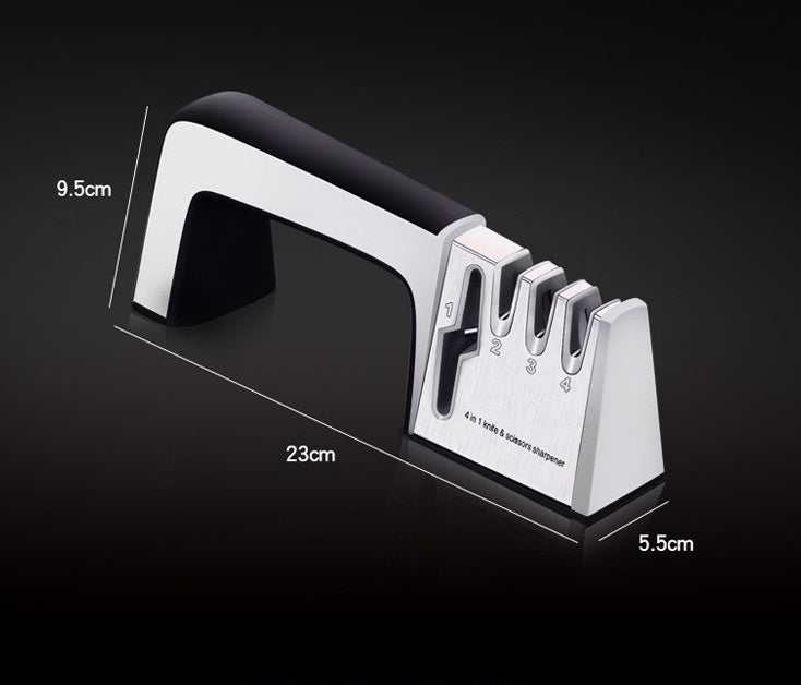 Fast knife sharpener with stainless steel and ABS plastic, measuring 23cm x 5.5cm x 9.5cm.