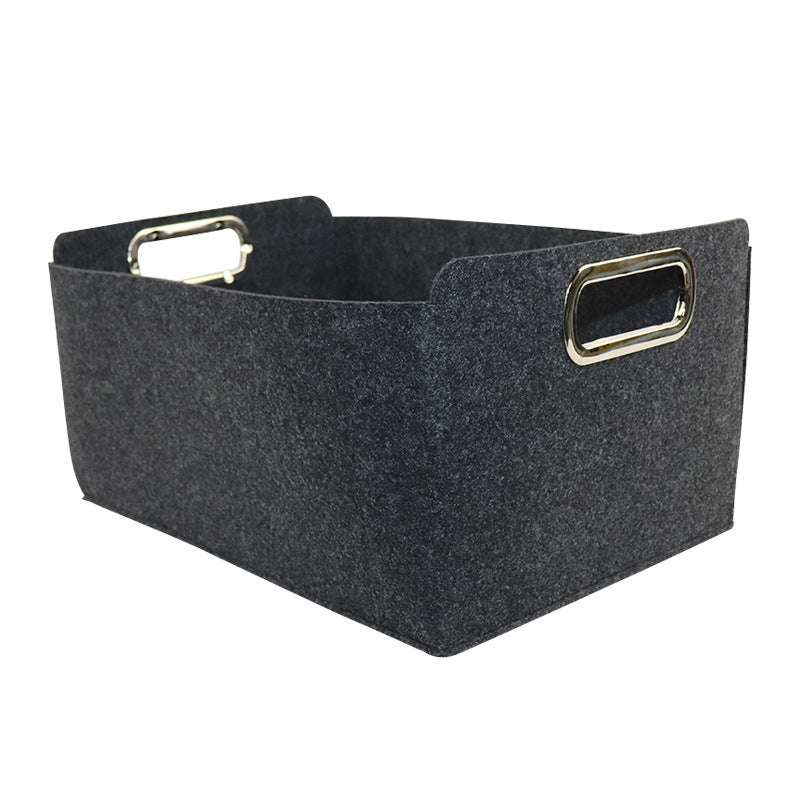 Nordic felt storage basket in dark grey, featuring sturdy metal handles.