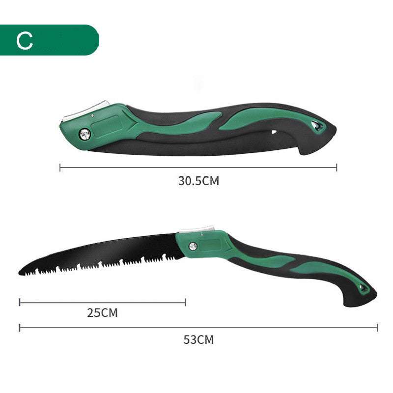 Hand saw woodworking folding saw with alloy blade, 250mm length, green and black grip for outdoor, garden, carpentry.
