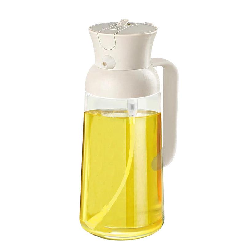 Modern glass oil sprayer dispenser with automatic opening in white, for kitchen use.